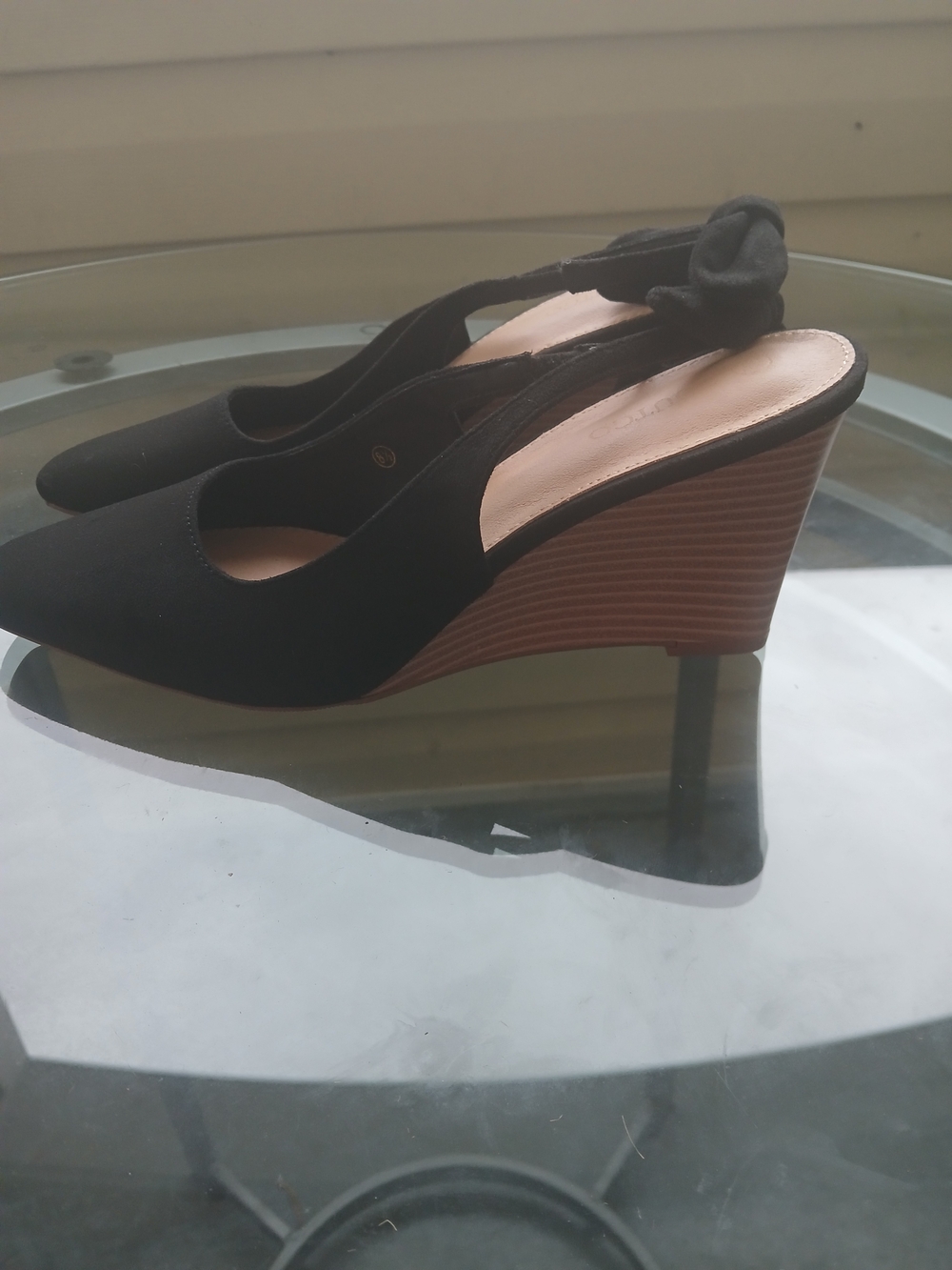 & Other Stories Black Slingback Wedge Heels with Brown Stacked Heel